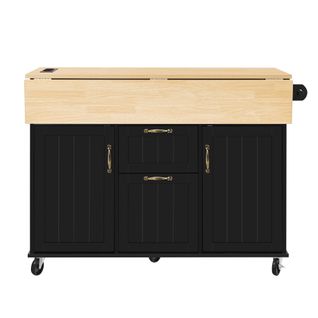 Desserte Noire Et Bois, Îlot De Cuisine à Roulettes – Table Extensible, Rangement, Prises USB/type‑c