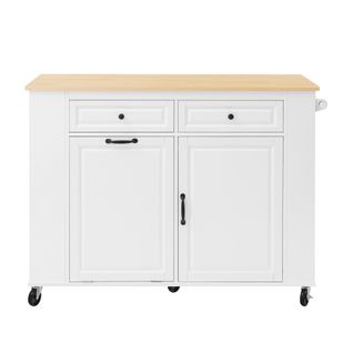 Desserte, Îlot De Cuisine Blanc Et Bois Extensible Sur Roulettes, 2 Tiroirs Et Poubelle, Prises USB