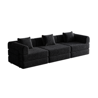 Canapé Convertible 3 Place Modulable Tissu Chenille Noir Avec Rangement Accoudoir, Cadres Métal