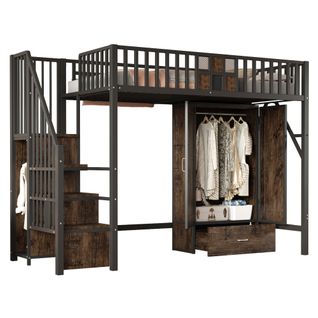 Lit Mezzanine Enfant 90x200 Cm Rangement Intégré Avec Placard Et Tiroir, Métal Noir Et Bois Foncé