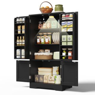 Buffet De Cuisine Haut 120x60x40 Cm Noir Rangement – 4 Portes, LED à Capteur, Étagères Réglables