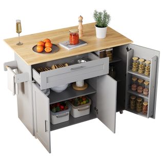 Desserte De Cuisine Gris, Îlot Mobile Plan Rabattable, Avec Tiroir Et 3 Portes, 5 Roulettes