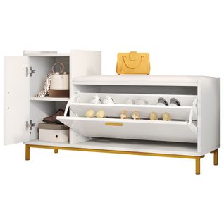 Meuble à Chaussures 100 X 38 X 68 Cm Blanc Et Doré, Assise Rembourrée, Rangement, Pieds Métal