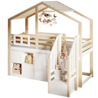 Lit Mezzanine Cabane 90x200 Cm En Pin Blanc Et Naturel Avec Rangements Ouverts Et 4 Portes