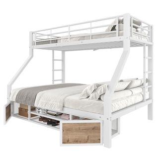 Lit Superposé 90x200/140x200 Cm Avec Meuble à Chaussures Et 2 Rangements, Métal Blanc