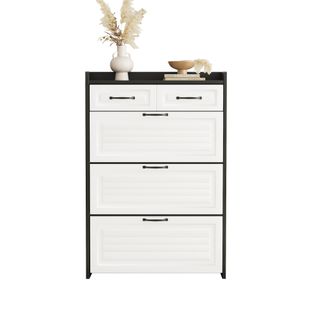 Meuble à Chaussures Pivotant 3 Abattants + 2 Tiroirs 80 X 23,5 X 131 Cm, Blanc/noir