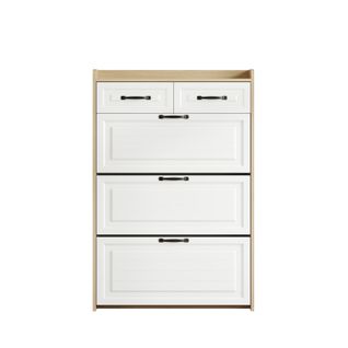 Meuble à Chaussures Blanc Et Naturel Grand Rangement, 3 Abattants + 2 Tiroirs, Poignées Métal