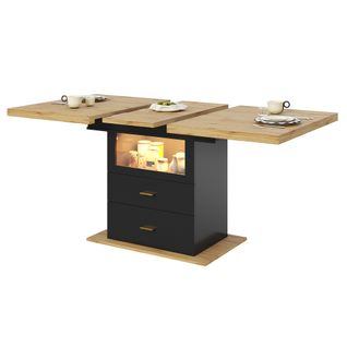Table à Manger Extensible LED Aspect Bois L.110-140 Cm Avec 2 Tiroirs De Rangement, Pieds Métal