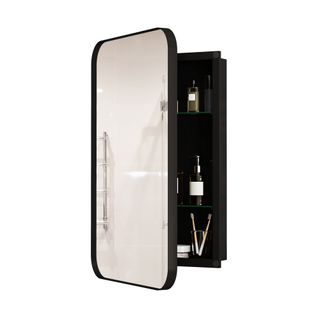 Miroir Avec Rangement Salle De Bain Noire, Cadre Métal, Armoire Cachée, Étagères Réglables