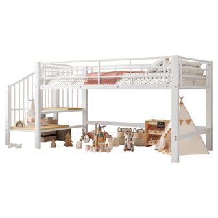 Lit Mi-haut Enfant 90x200 Cm Avec Escalier De Rangement Intégré, Métal Et Bois, Blanc