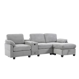 Canapé D'angle 3 Places Velours Côtelé Gris Clair, Console Amovible, Ports USB, Pouf Et Rangement