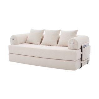Canapé Convertible 3 Places Modulable 200 Cm, Velours Côtelé Beige, 3 Coussins Et Poche Latérale