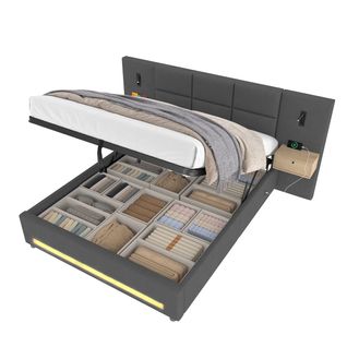 Lit Coffre LED 180x200 Cm Velours, 2 Chevets Avec Tiroir Et Rangement, Ports USB, Gris Foncé