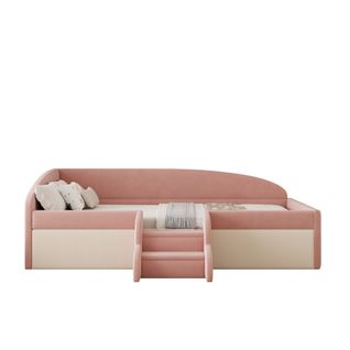 Lit Enfant 90x190 Cm En Velours Rose Et Blanc Crème Avec Barrières Et Marches Antidérapantes