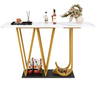 Table Console D'entrée 120x29,5x80 Cm, Plateau Effet Marbre Blanc, Pieds Métal Doré