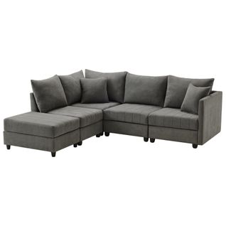 Canapé D'angle 5 Places 220x194x85 Cm Avec Pouf, Tissu Coton Et Lin Gris