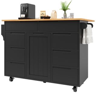 Desserte De Cuisine 122x46x91,5 Cm Avec 8 Tiroirs, Plateau Rabattable Et Roulettes - Noir