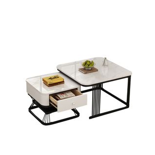 Tables Basses Gigognes Carrée 70cm + 50cm, Blanc Et Noir, Effet Marbre, Cadre Métal, Avec Tiroir