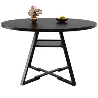 Table à Manger Ronde Noire 120 Cm, Plateau Effet Marbre, Pieds Métal Noir, Avec Rangements