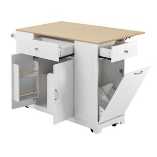 Desserte De Cuisine à Roulettes Extensible, Blanc, Avec Prises USB Et Rangement Pour Poubelle