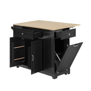 Desserte De Cuisine à Roulettes Extensible, Noir, Avec Prises USB Et Rangement Pour Poubelle