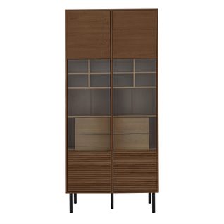 Vitrine 164.5 Cm Aspect Bois Foncé Avec 2 Portes Vitrées, 4 Tiroirs Cachés