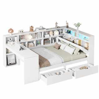 Lit 140x200 2 Places Avec Bureau Intégré, LED, Ports USB, 2 Tiroirs Et Rangements, Bois Blanc