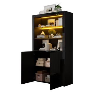 Vitrine 100x35x170 Cm Noire Avec LED, 2 Portes Et 2 Étagères En Verre