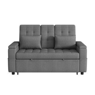 Canapé Convertible 2 Places, Accoudoirs Avec Rangements, Table Et Porte-gobelet, Coton Lin Gris