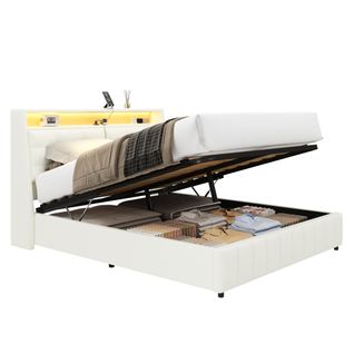 Lit Adulte 160x200 Pu Blanc Avec Coffre De Rangement, LED Et Ports USB, Tête Réglable