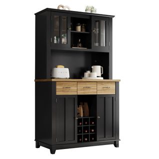 Buffet De Cuisine Haut 106 X 40 X 179,5 Cm Avec LED, 3 Tiroirs, 4 Portes Et Casier à Vin, Noir