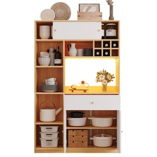 Buffet De Cuisine Haut 115x35x180 Cm Blanc Et Naturel Avec LED, 1 Tiroir Et 3 Portes