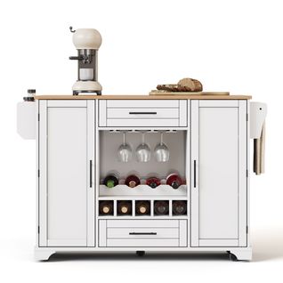 Desserte De Cuisine à Roulettes Rabattable 138x45(70)x92 Cm Blanc Et Bois, 2 Portes Et 2 Tiroirs