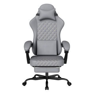 Fauteuil Gamer Ergonomique Cuir Gris, Appui‑tête Réglable, Repose‑pieds, Inclinaison 90/105/135°