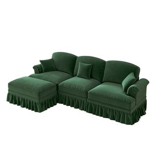 Canapé D'angle 3 Places Modulable Chenille Vert Avec Pouf Mobile Et Jupe Amovible Style Mid-century