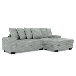Canapé D'angle 4 Places, Velours Côtelé Gris, 6 Coussins