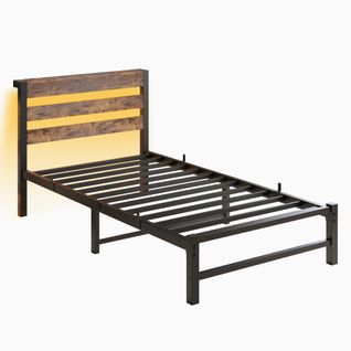 Lit Enfant 90x200 Cm Avec LED Rgb Et 2 Ports USB, Rangement, Métal Et Bois Marron