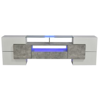 Meuble TV 200 Cm Laqué Gris Et Blanc Avec Éclairage LED, Surface Verre Brillante, Grand Rangement