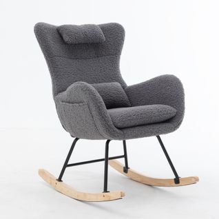 Fauteuil à Bascule En Tissu Teddy Gris, En Métal Et Bois, Chambre Et Salon
