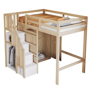 Lit Mezzanine Enfant 90x200 Cm Avec Armoire Et Marches De Rangement, Bois Naturel