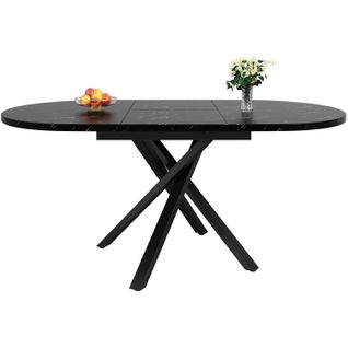 Table à Manger Ronde Extensible 100-140 Cm Noire, H.75 Cm, Plateau Effet Marbre, Piétement Métal