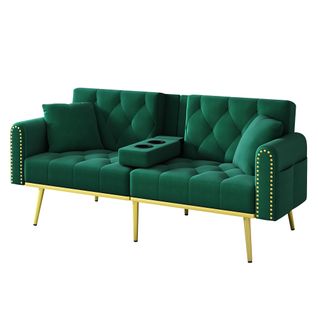 Canapé Convertible 2 Places 175cm Velours Vert Avec Porte-gobelet Et Poche Latérale