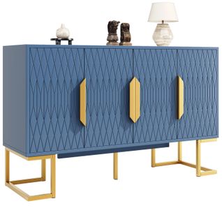 Buffet 140x40x80 Cm Bleu Avec 4 Portes Et Étagères Réglables, Pieds Métal