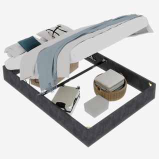 Lit Adulte 160x200 Cm Coffre Hydraulique, Cadre Robuste Et Rangement, En Velours Gris Et Métal