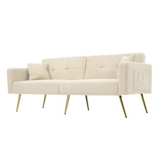 Canapé Convertible 2 Places 175x64 Cm, Tissu Bouclé Beige, Dossier Inclinable, 2 Poches Latérales