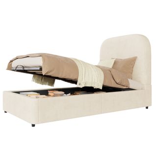 Lit Enfant Coffre 90x200 Cm Avec Grand Rangement Et Sommier à Lattes, Tête De Lit En Velours Beige