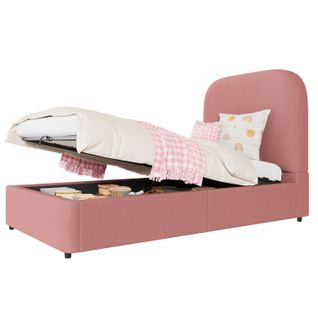 Lit Enfant Coffre 90x200 Cm Avec Grand Rangement Et Sommier à Lattes, Tête De Lit En Velours Rose
