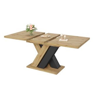 Table à Manger Extensible Bois Et Noir 119-158,5×80 Cm, Rangement Caché, 4 à 6 Personnes