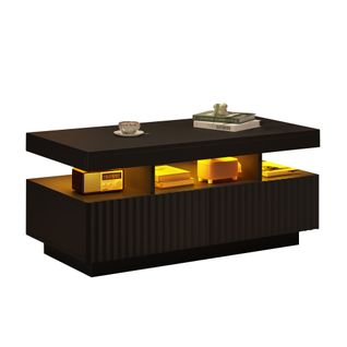 Table Basse 100 X 50 X 45 Cm Avec 2 Tiroirs, LED Intégrée, Noir, Design à Rainures