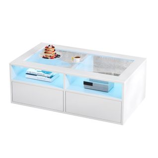Table Basse Salon 100x50x35 Cm, Verre Blanc, Avec LED, 2 Tiroirs Et 2 Niveaux,